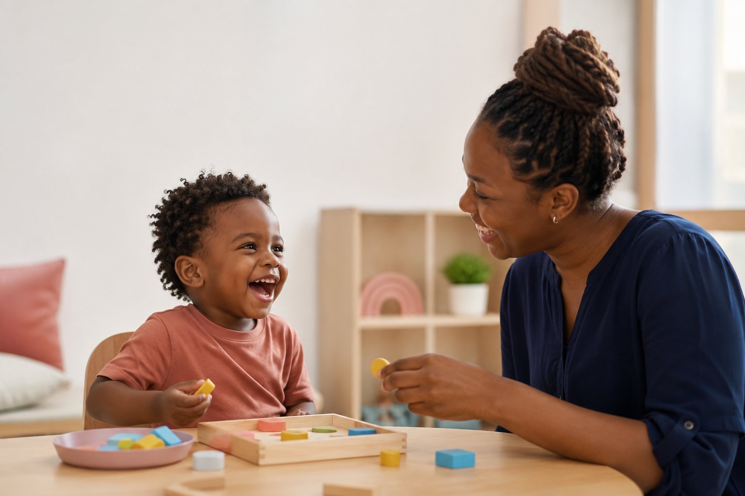 A warm moment of connection between a child and a caring adult during play-based learning.