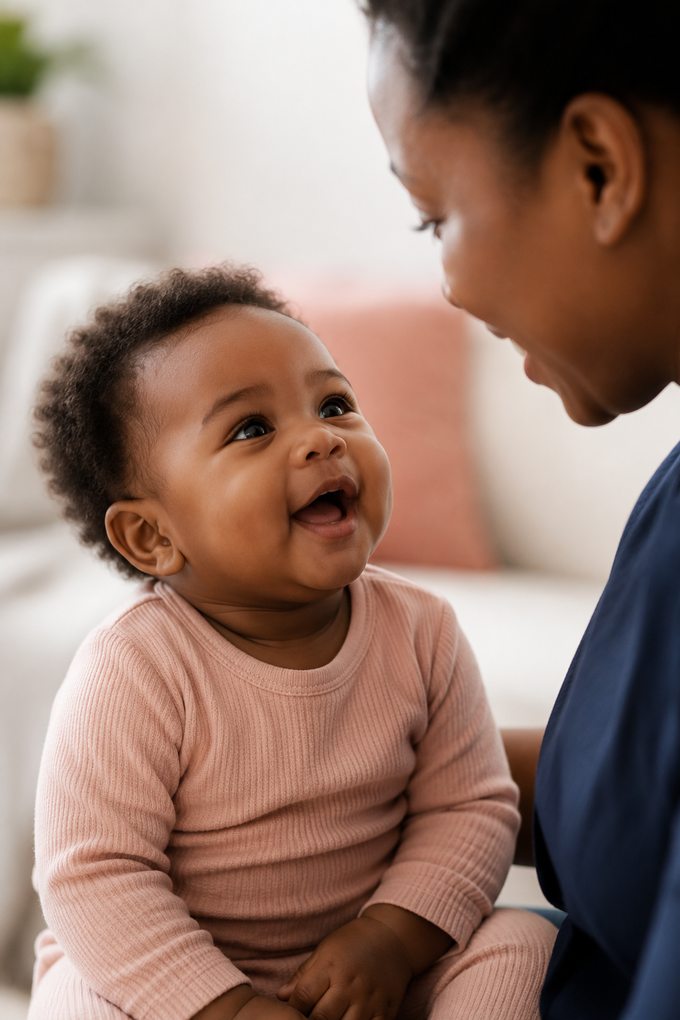 A happy baby smiling up at a parent