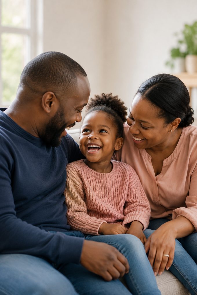 A multilingual South African family laughing together.