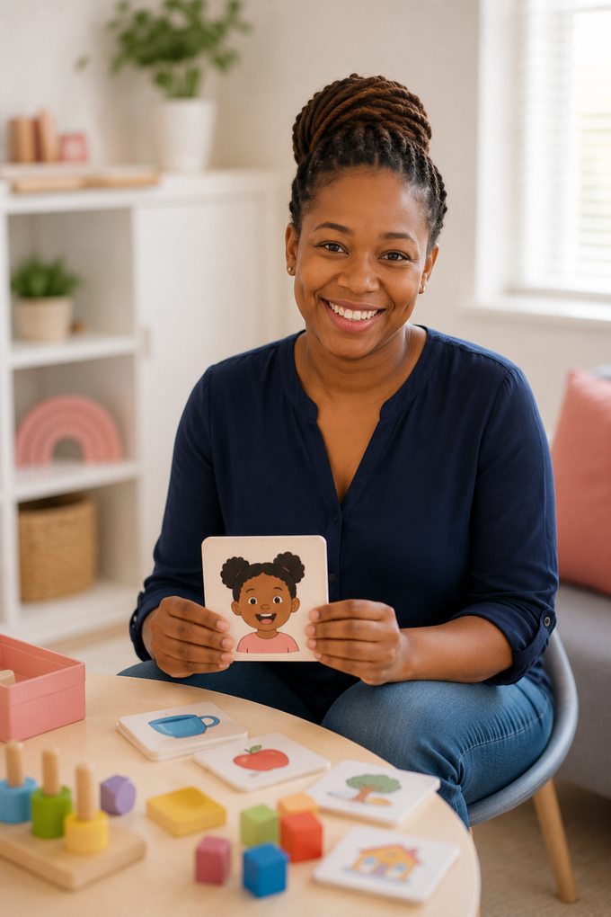 A warm speech therapist holding a picture card