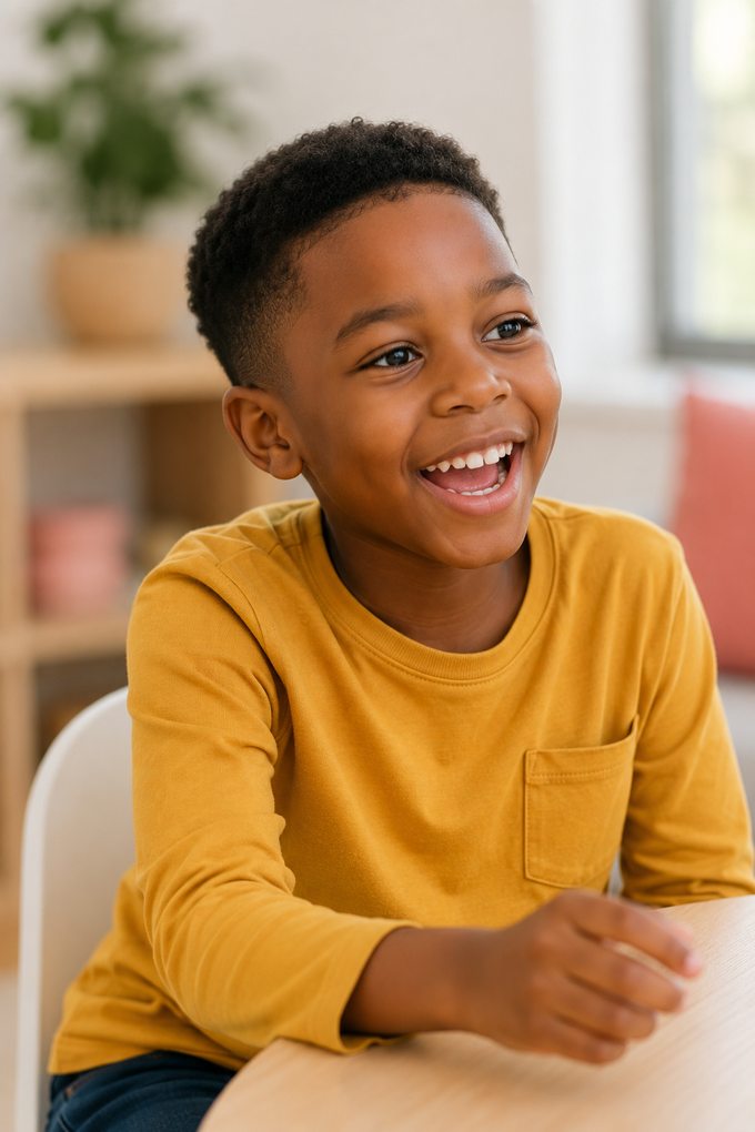 A smiling school-aged child chatting happily
