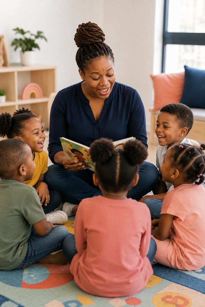 A teacher reading to a group of young children