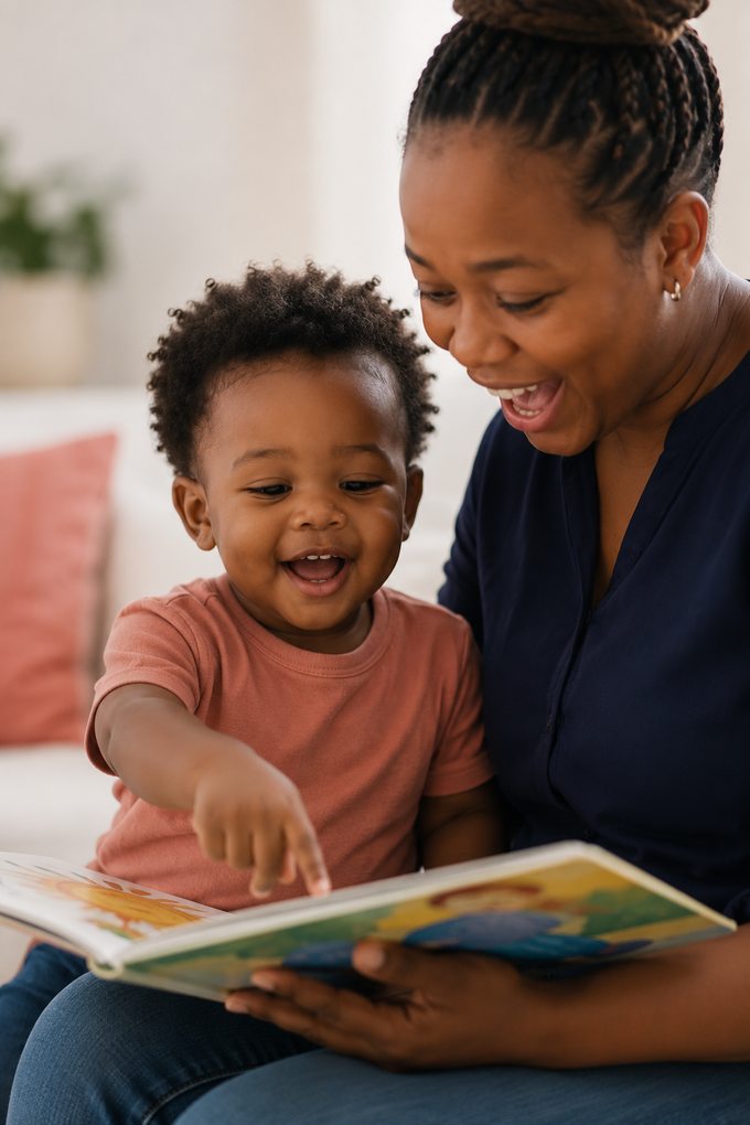 A toddler pointing at a picture book with an adult